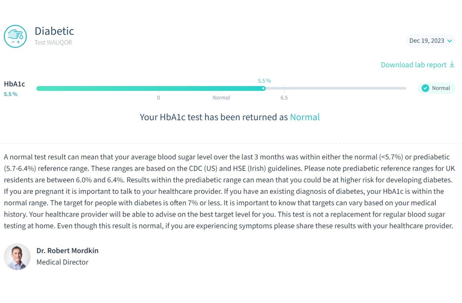 A screenshot of the tester's LetsGetChecked Diabetes test results, showing normal HbA1c levels.
